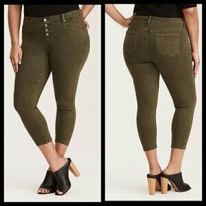 Torrid Size 18 Ultra Skinny Cropped Jeans Olive Wash High Rise Button Fly